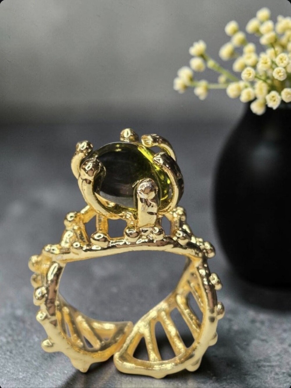 Chunky 18k Gold Plated High Setting Olive Glass Artisan Cocktail Ring
